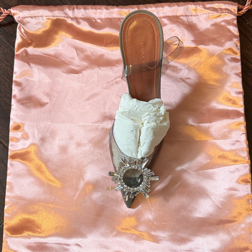 Amina Muaddi Silver Crystal Embellished Heels - Picture 1 of 5